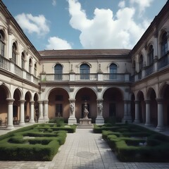 Fototapeta premium Serene Italian Courtyard with Lush Greenery and Architectural Grandeur