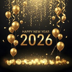 Golden Celebration Balloons and Confetti for Happy New Year 2026