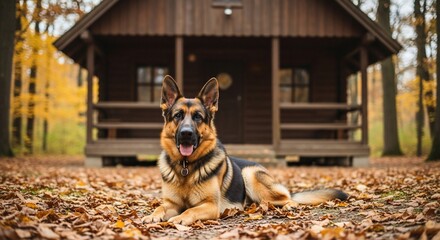German Shepherd Dog Relaxing in Autumn Leaves Near Cabin