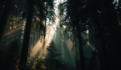 Fototapeta premium Sunlight beams through a dense forest