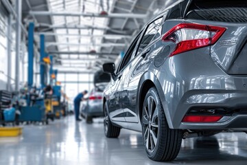 Modern car being serviced in a clean, well-lit automotive workshop auto service garage, showcasing maintenance, diagnostics, and mechanical repair environment.