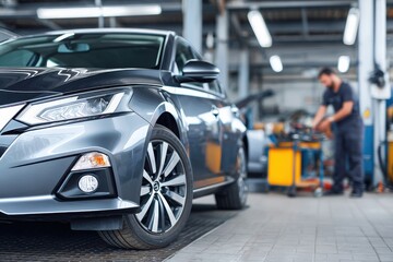 Modern car being serviced in a clean, well-lit automotive workshop auto service garage, showcasing maintenance, diagnostics, and mechanical repair environment.