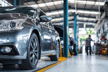 Modern car being serviced in a clean, well-lit automotive workshop auto service garage, showcasing maintenance, diagnostics, and mechanical repair environment.