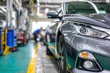 Modern car being serviced in a clean, well-lit automotive workshop auto service garage, showcasing maintenance, diagnostics, and mechanical repair environment.