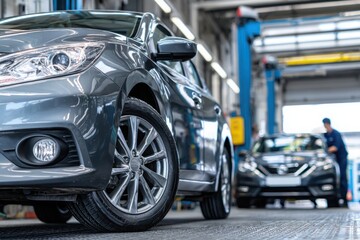 Modern car being serviced in a clean, well-lit automotive workshop auto service garage, showcasing maintenance, diagnostics, and mechanical repair environment.