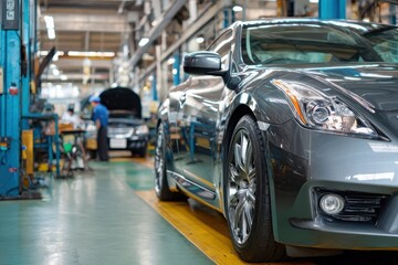 Modern car being serviced in a clean, well-lit automotive workshop auto service garage, showcasing maintenance, diagnostics, and mechanical repair environment.