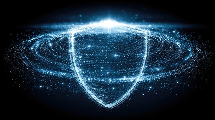Glowing digital shield in space particles
