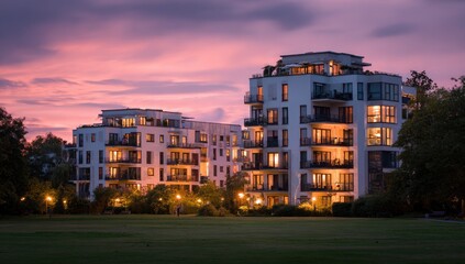 Modern apartment buildings at twilight, lit windows, park setting