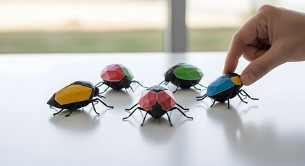 A person's hand carefully selecting a unique blue geometric bug from a colorful group, symbolizing choice, innovation, and finding the right solution in technology or business