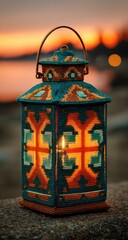 Teal lantern with intricate design, lit candle, sunset backdrop