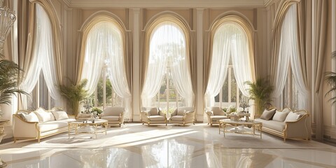 An opulent and expansive interior, bathed in natural light, features elegant furnishings and architectural splendor. Showcasing refined luxury and timeless elegance.