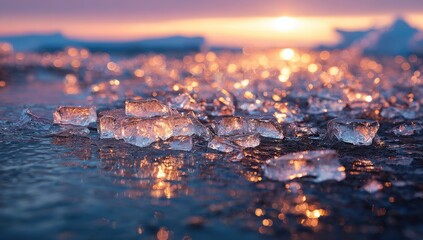 Frozen shards of ice, glittering in sunset light