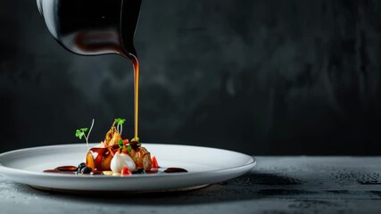 A chef pours dark sauce over a gourmet dish on a white plate with fresh herbs and vegetables