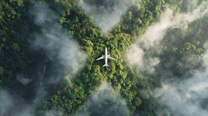 Aerial view of airplane flying over green forest with clouds and x shaped path