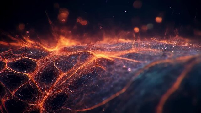 Dynamic microscopic footage of bacterial invasion into cerebrospinal fluid causing meninges to glow with intense orange and red inflammation.