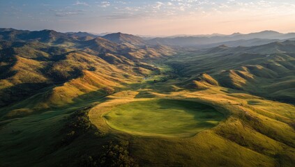 Fototapeta premium Aerial view of a golf course nestled in a valley, sunlit hills