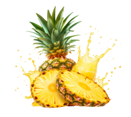 Delicious ripe pineapple with slices and a splash of fresh juice against transparent background