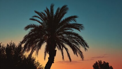 Obraz premium Silhouette of a palm tree against a vibrant sunset sky (1)