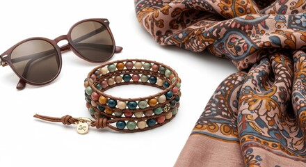 Stylish sunglasses and beaded bracelets with colorful scarf on white background and copy space
