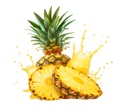 Delicious ripe pineapple with slices and a splash of fresh juice against transparent background - Powered by Adobe