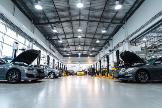 Modern car being serviced in a clean, well-lit automotive workshop auto service garage, showcasing maintenance, diagnostics, and mechanical repair environment.