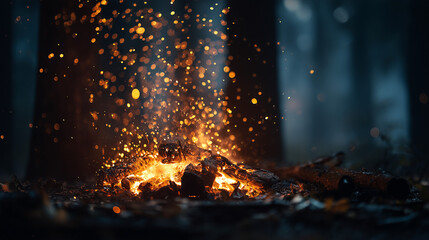 Beautiful campfire with glowing sparks in a dark forest at night 
