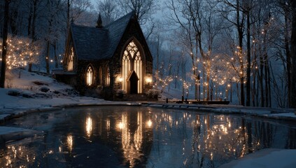 Snowy chapel by a frozen pond at twilight