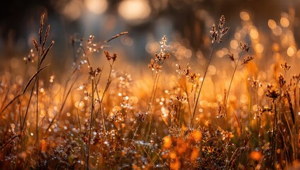 Dew-kissed grasses bathed in warm sunlight