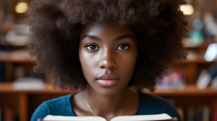 Portrait of a Young Black Woman with Afro Reading a Book in Library