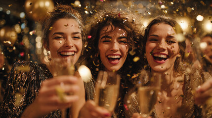 Three women celebrating with champagne and confetti at a festive occasion