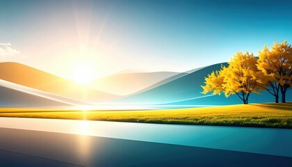 Sunrise over rolling hills and golden trees tranquil nature landscape scenic viewpoint serene environment for relaxation