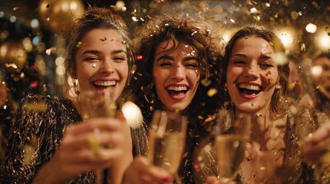 Three women celebrating with champagne and confetti at a festive occasion