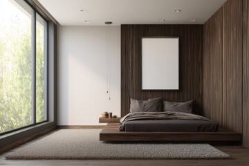 Modern bedroom with large windows and wooden paneling