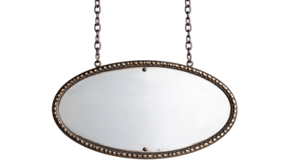 Vintage metallic blank signboard hanging from a chain, isolated on a transparent background. PNG format. Suitable for retro-themed signage.