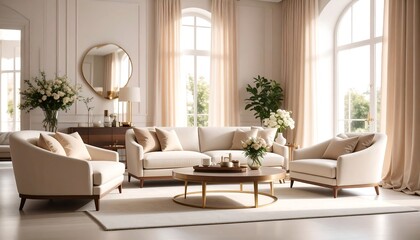 Elegant living room with cream sofas, gold accents, and large windows