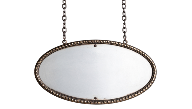 Vintage metallic blank signboard hanging from a chain, isolated on a transparent background. PNG format. Suitable for retro-themed signage.