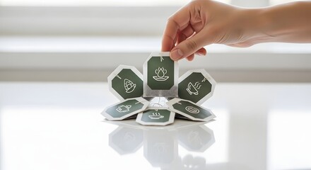 A moment of choice, with a hand selecting a single tea bag from a diverse, fan-shaped collection on a bright white table
