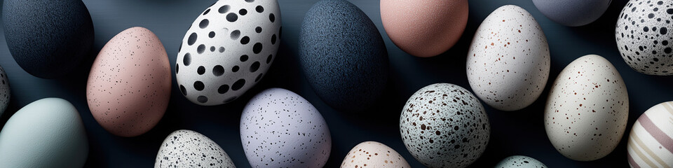 
Artistically patterned Easter eggs showcase sophisticated speckled designs in muted tones