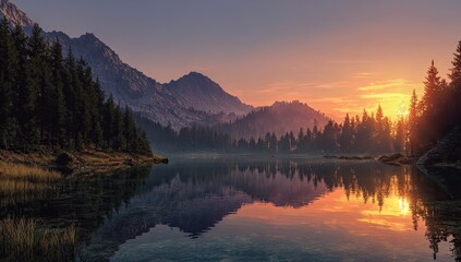 Sunrise over a mountain lake, tranquil alpine scene