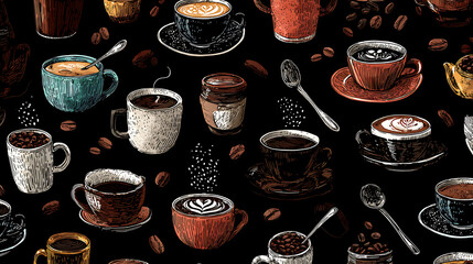 A vibrant collage of various coffee cups and beans against a dark background, perfect for beverage themes