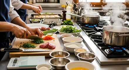 Chefs preparing food in a professional kitchen, chopping vegetables and meat on a cutting board, with pots steaming on the stove.