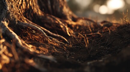Close-up of aged tree roots, sunlit earth