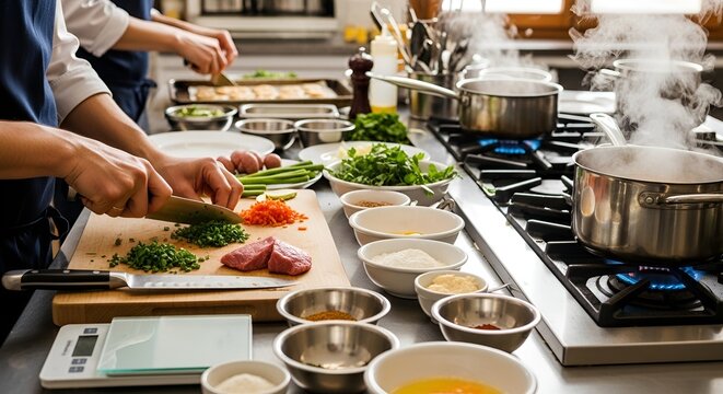 Chefs preparing food in a professional kitchen, chopping vegetables and meat on a cutting board, with pots steaming on the stove.