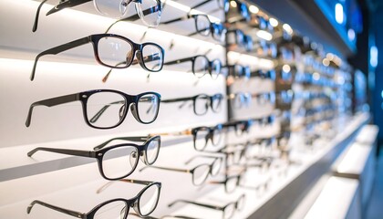 Eyeglass display; many frames on shelves