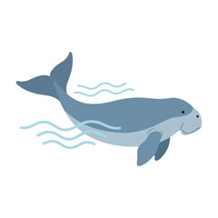 Obraz premium Illustration of a gray dugong swimming in water with waves on a white background.