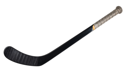 Standard hockey stick with curved blade and textured grip handle, isolated on a transparent or white background (PNG format)