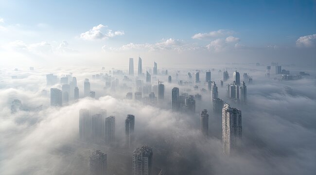 City skyline, shrouded in a thick layer of fog.  Elevated aerial view reveals numerous high-rise buildings emerging from a dense cloud cover.  A clear, pale blue sky is visible above the clouds