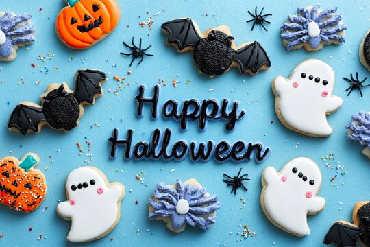 Halloweenthemed cookies bats ghosts pumpkins purple flowers with Happy Halloween text on a light blue background with scattered sprinkles and spiders - Powered by Adobe