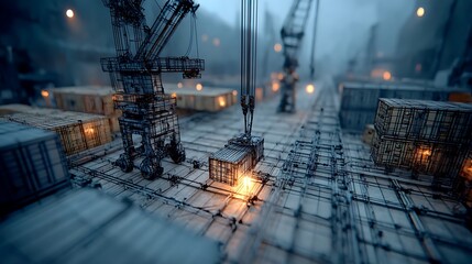 Industrial Crane Lifting Container at Port with Moody Shipping Terminal Background.