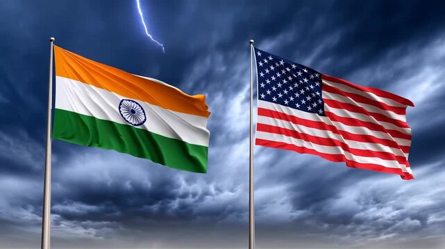 USA INDIA Tarrifs war Dynamic flags of India and USA waving in stormy sky with lightning strikes, representing global relations